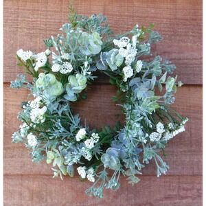 Dusty Miller Mini Wreath,‎ Eucalyptus, White Flowers, Candle Ring